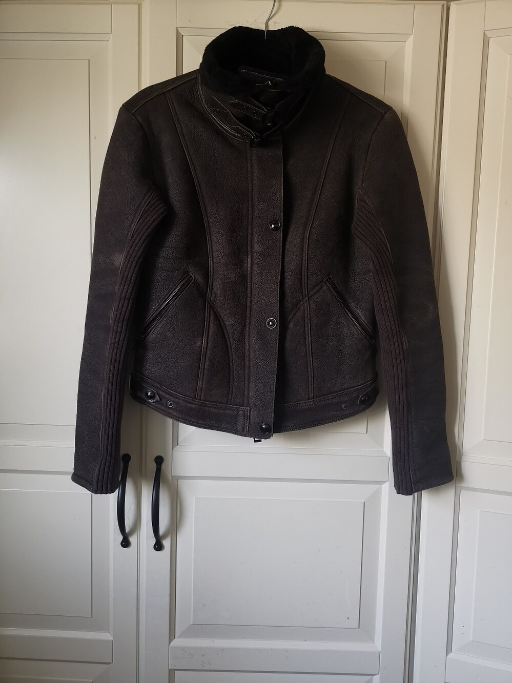 BURBERRY London Genuine Shearling Leather Aviator Jacket Dark Brown IT 42 US 8